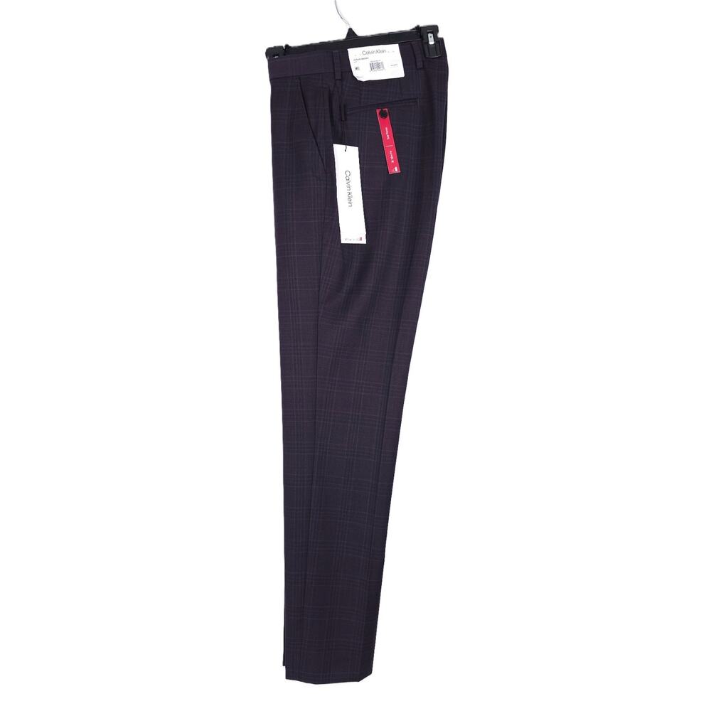 Calvin Klein Mens Slim Fit Dress Pants 30x32 Navy Burgundy Plaid Wool Blend NWT - Picture 4 of 6